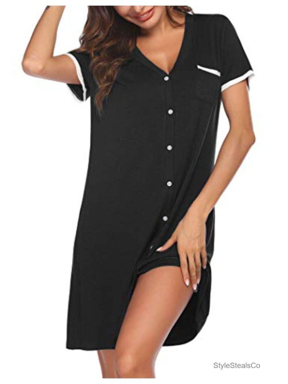 V-Neck Button Down Short Sleeve Sleepshirt Nightgown Loose Fit